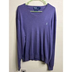Polo Ralph Lauren Purple Pima Cotton V-Neck Sweater Womens Large Green Pony Logo